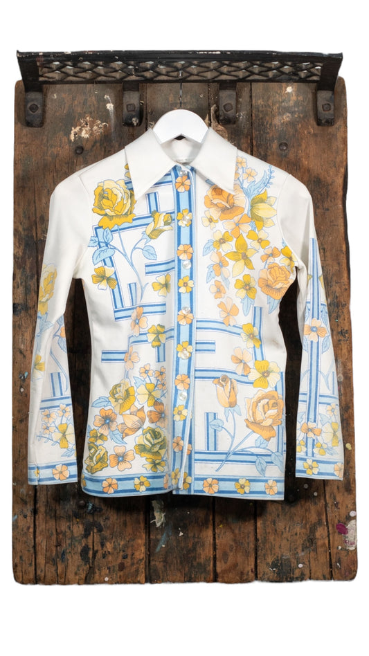 70's Floral White Button-Up